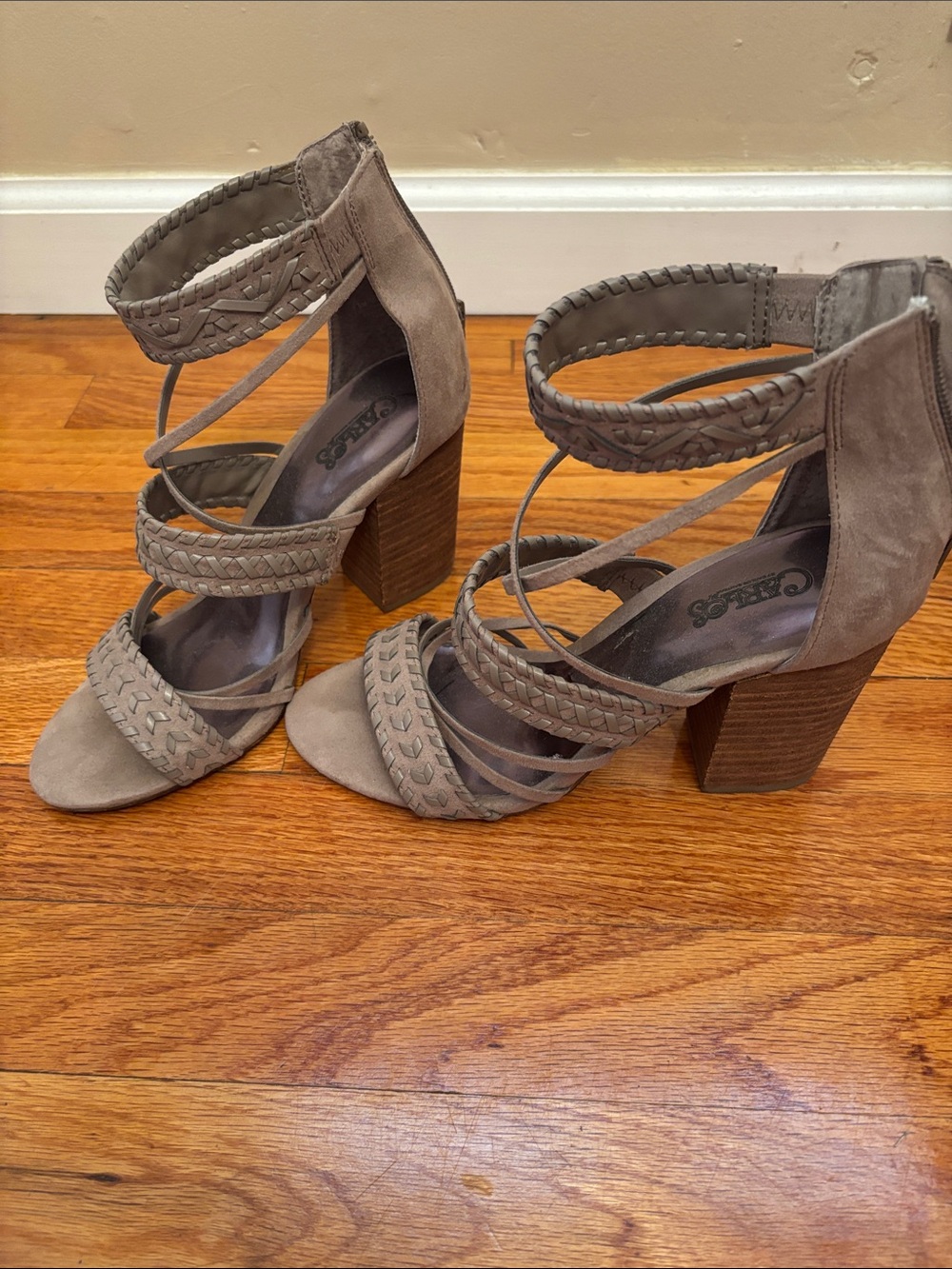 Carlos Santana Braided Strappy Block Heel Sandals — Gray Taupe Size 7.5